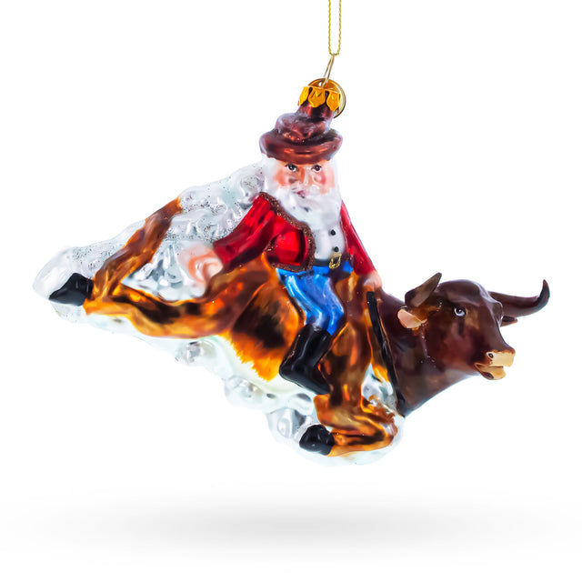 Glass Daring Santa Riding a Bull on the Rodeo Blown Glass Christmas Ornament in Multi color