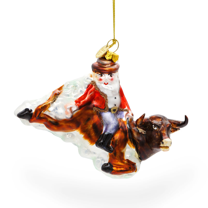 Glass Daring Santa Riding a Bull on the Rodeo Blown Glass Christmas Ornament in Multi color