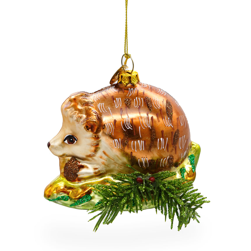 Glass Cute Hedgehog on Grass Blown Glass Christmas Ornament in Brown color