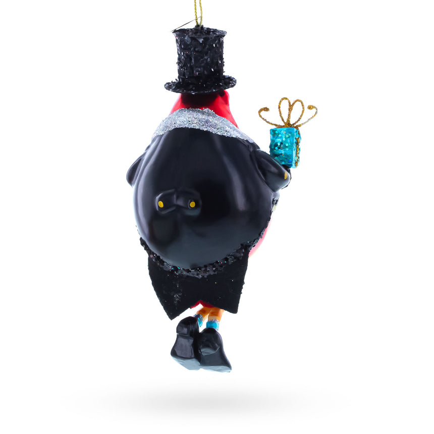 Cute Penguin in Black Hat Blown Glass Christmas Ornament ,dimensions in inches: 5.4 x 2.9 x 2.3