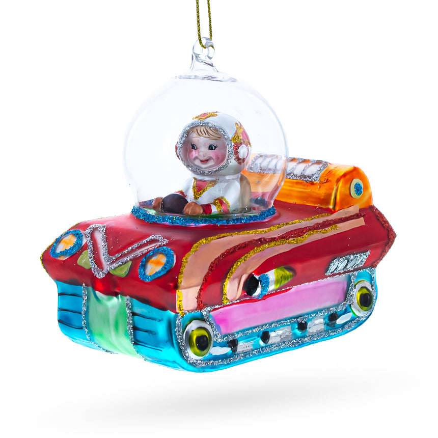 Glass Astronaut in Space Vehicle Blown Glass Christmas Ornament in Multi color