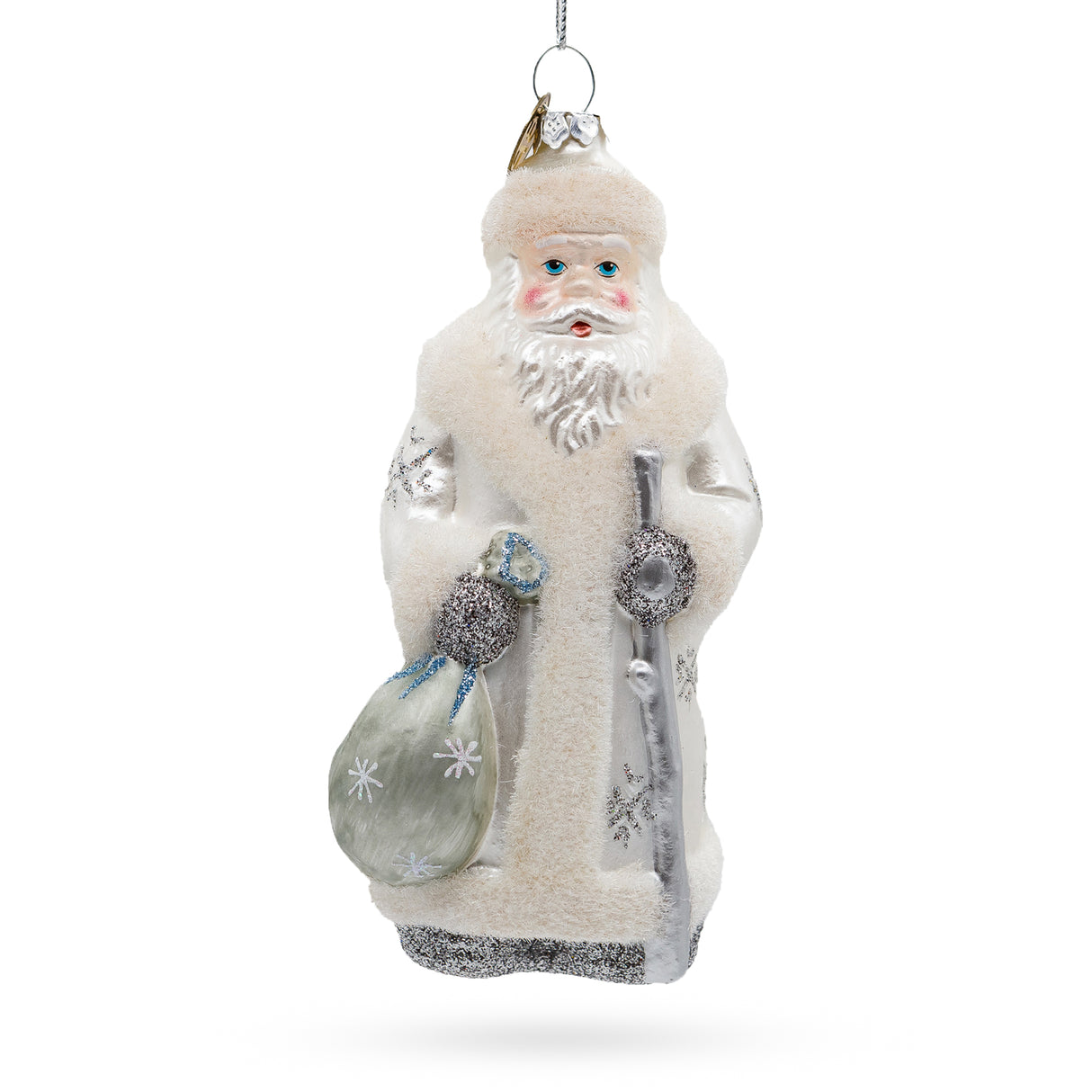 Glass Santa in Elegant White - Blown Glass Christmas Ornament in Silver color