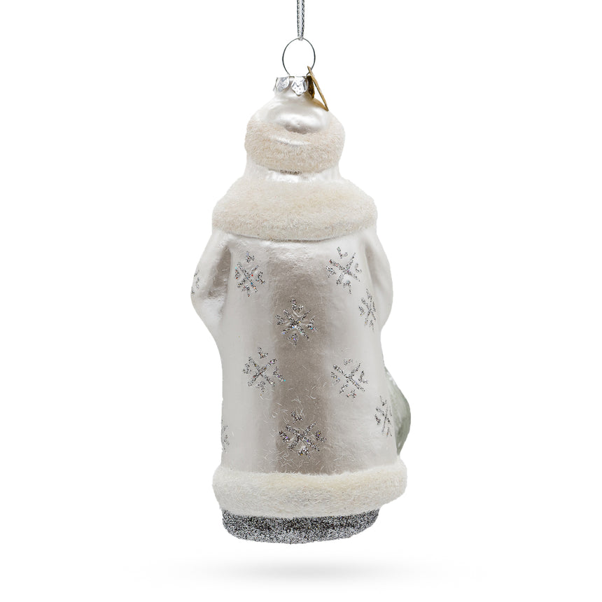 Santa in Elegant White Blown Glass Christmas Ornament ,dimensions in inches: 5.4 x 2.9 x 2.1