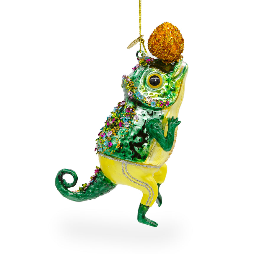 Glass Colorful Chameleon Lizard Blown Glass Christmas Ornament in Green color