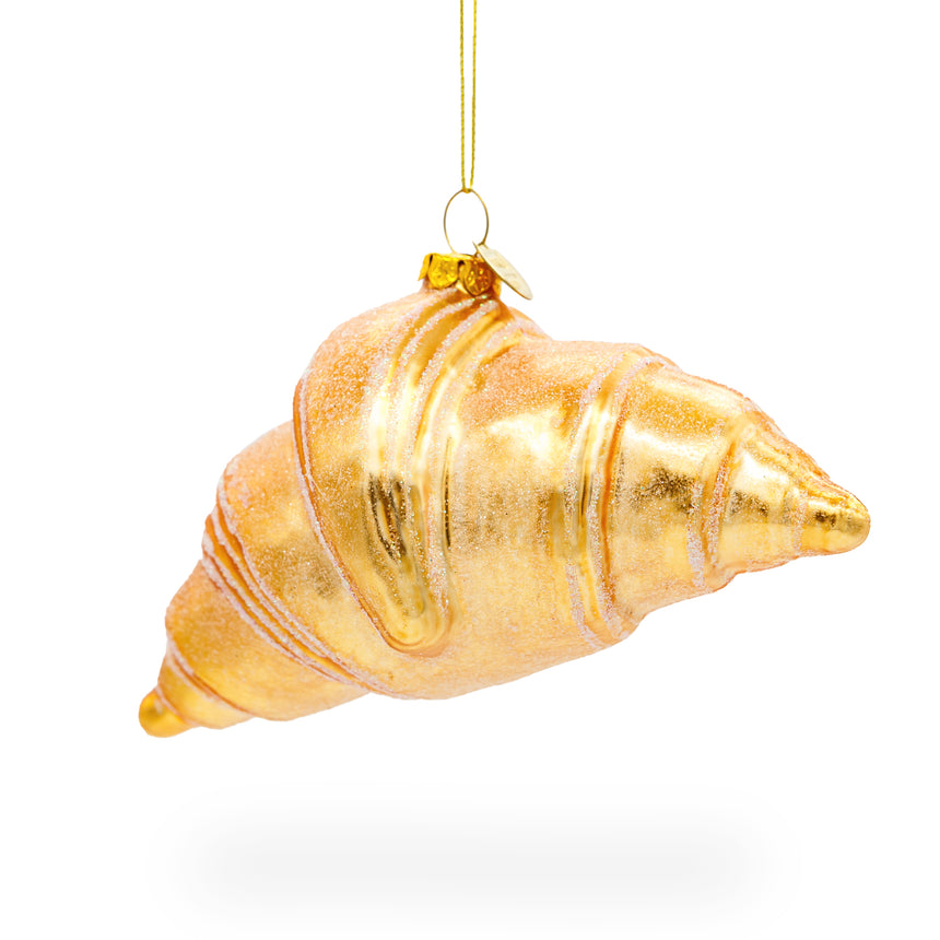 Glass Croissant Blown Glass Christmas Ornament in Gold color