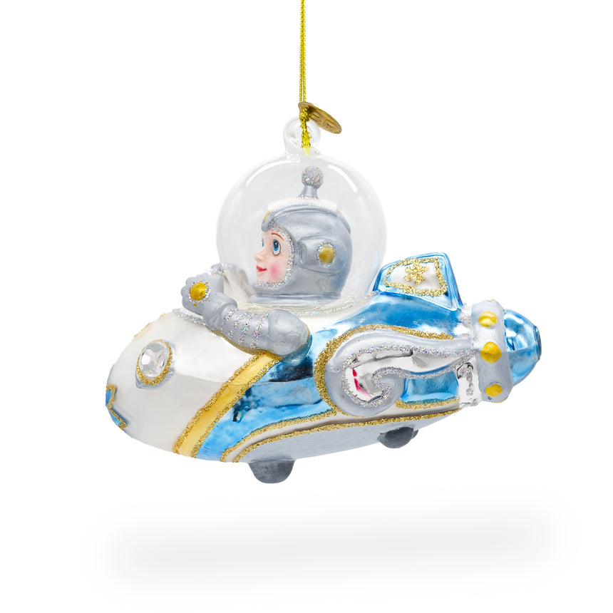 Glass Astronaut Driving Spaceship Blown Glass Christmas Ornament in Blue color