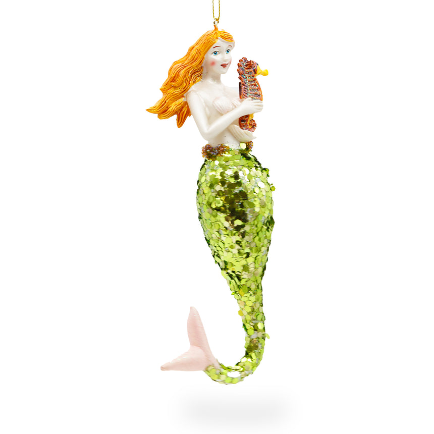 Glass Mermaid Holding Sea Horse Blown Glass Christmas Ornament in Multi color