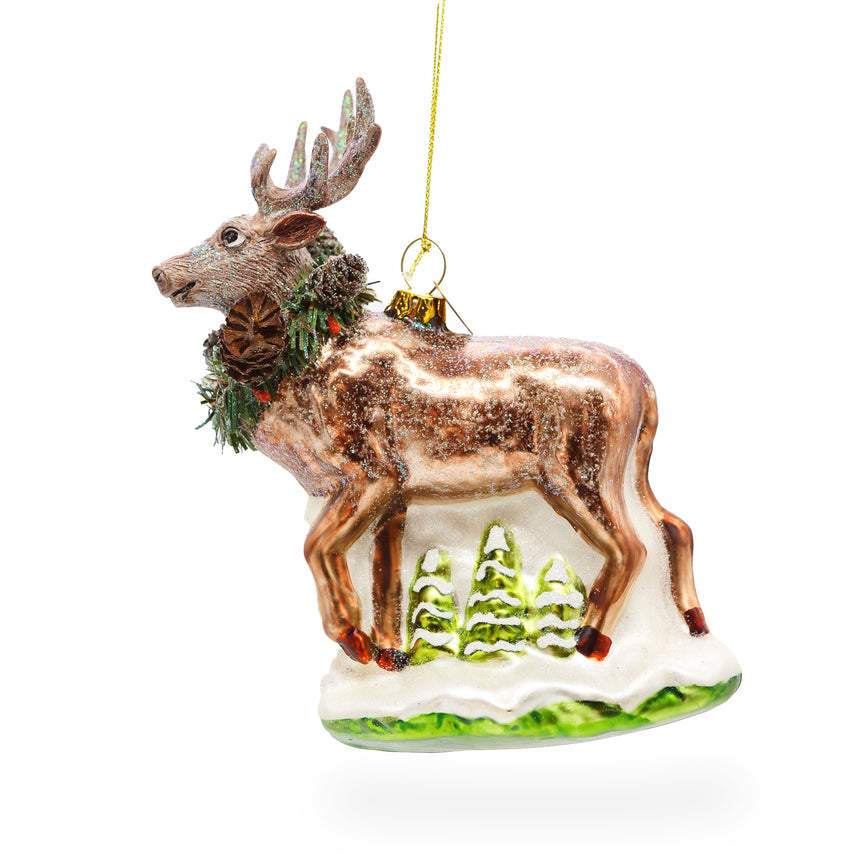 Glass Majestic Reindeer Blown Glass Christmas Ornament in Multi color