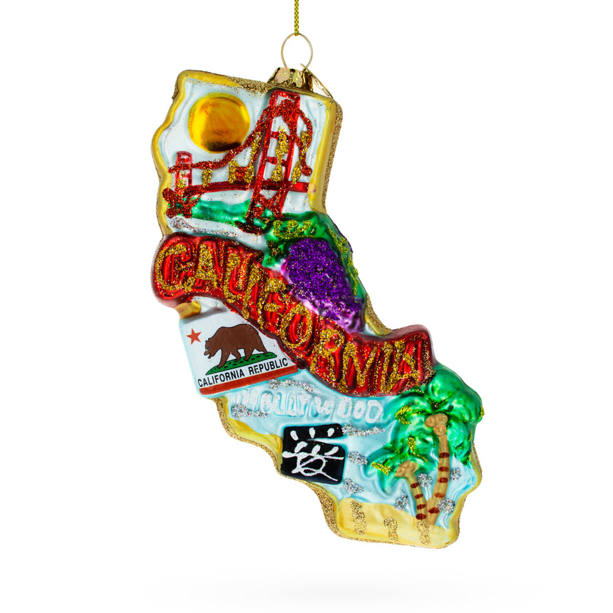 Glass State of California Symbols, USA Blown Glass Christmas Ornament in Multi color