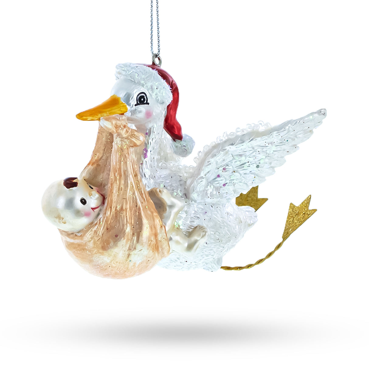 Glass Charming Stork Carrying Baby Blown Glass Christmas Ornament in White color