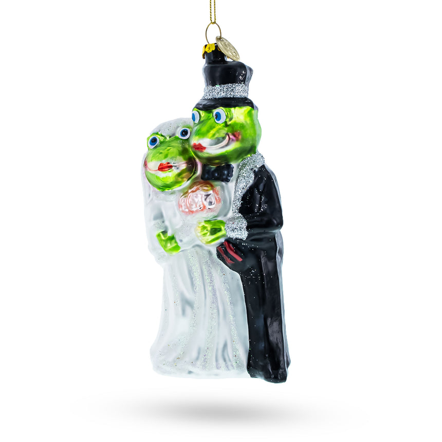 Glass Enchanting Frog Bride and Groom Glass Christmas Ornament in Multi color