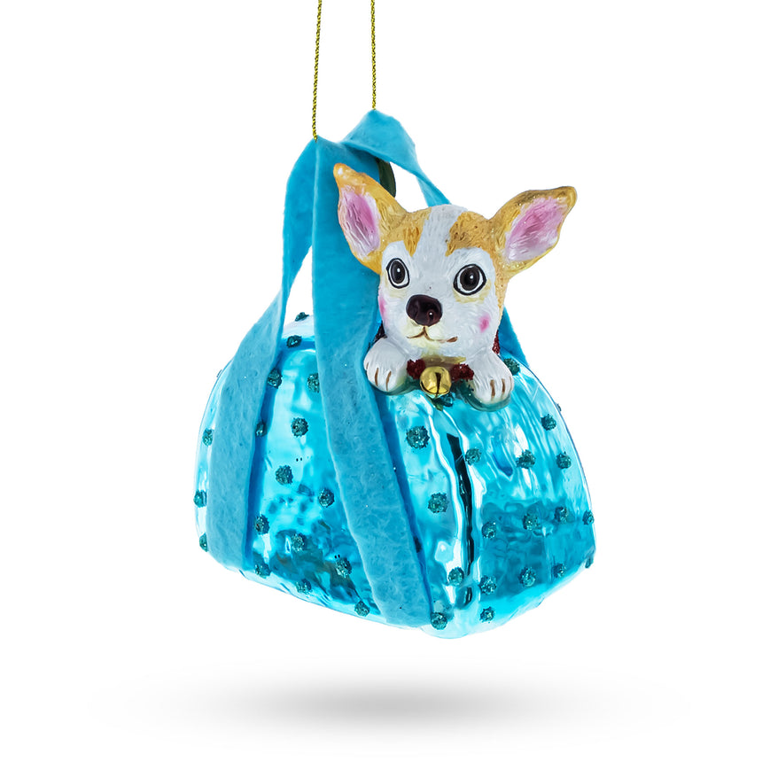 Glass Chic Chihuahua Inside Designer Handbag Blown Glass Christmas Ornament in Blue color