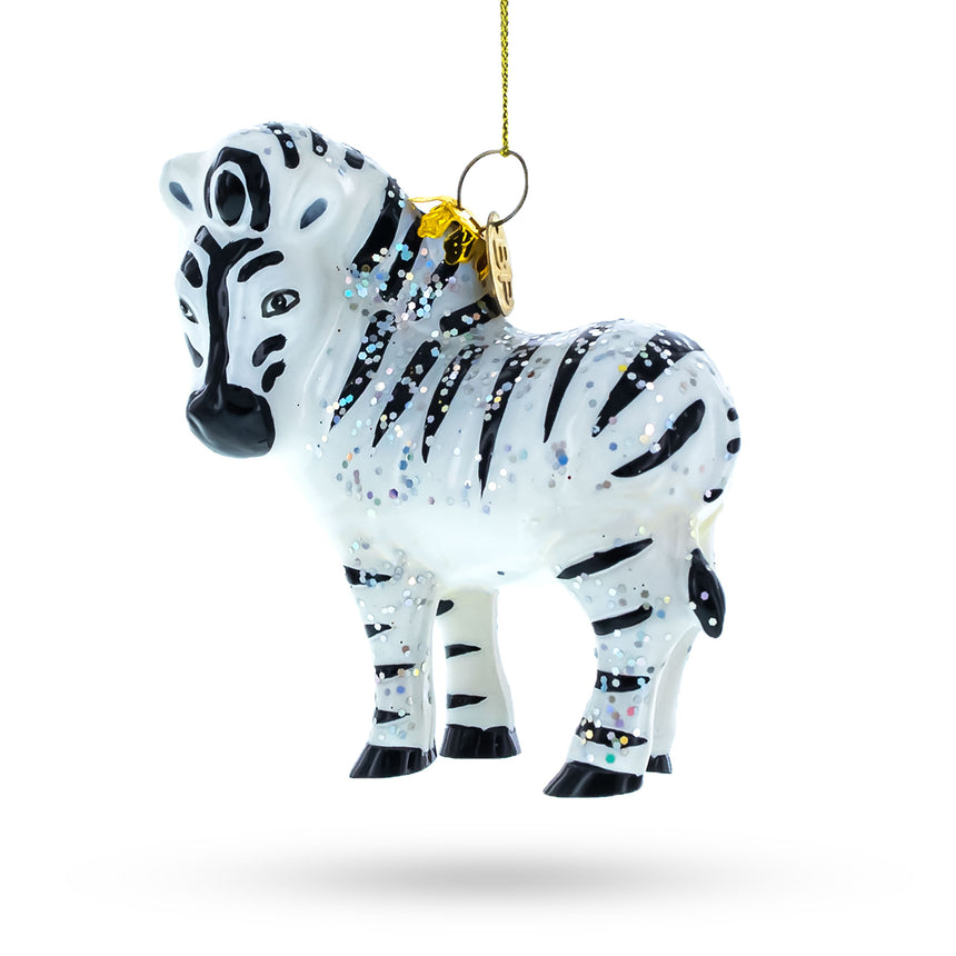 Glass Glittered Zebra Blown Glass Christmas Ornament in White color