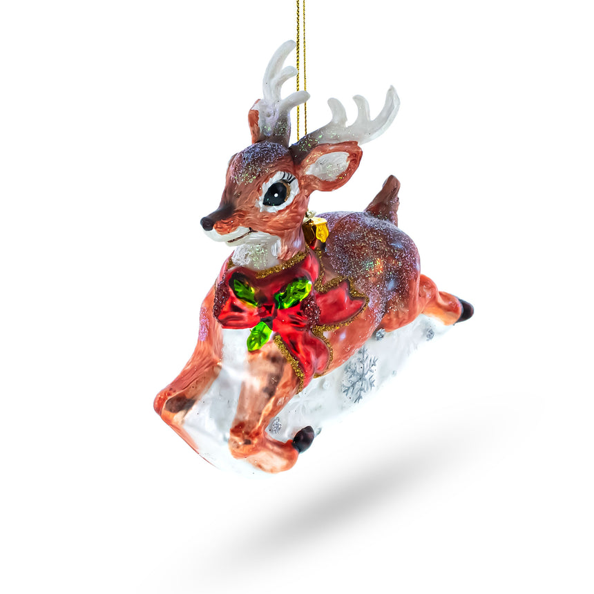 Glass Baby Deer Running Blown Glass Christmas Ornament in Multi color