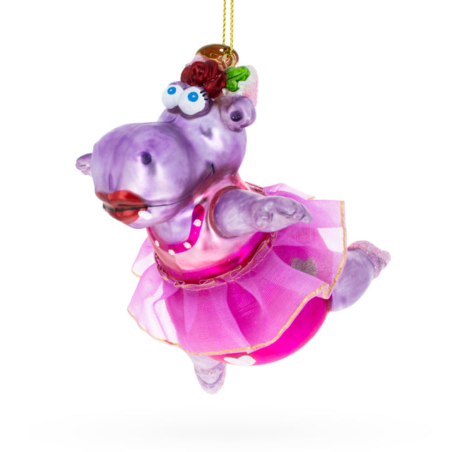 Glass Enchanted Hippo Ballerina - Blown Glass Christmas Ornament in Pink color