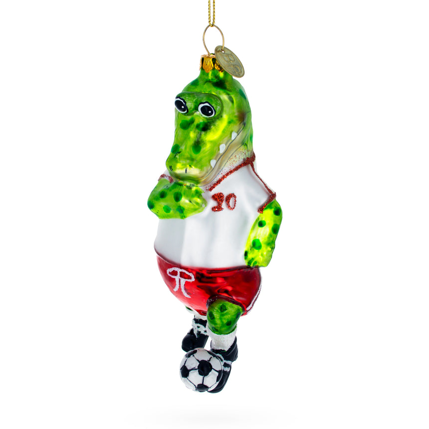 Glass Crocodile Soccer Player Blown Glass Christmas Ornament in Multi color