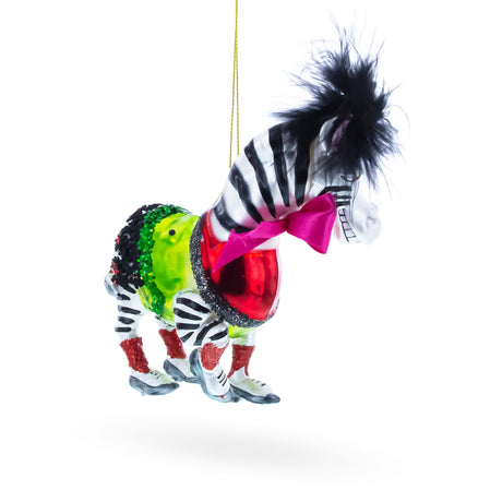 Zebra in Costume Blown Glass Christmas Ornament ,dimensions in inches: 5.5 x 3.9 x