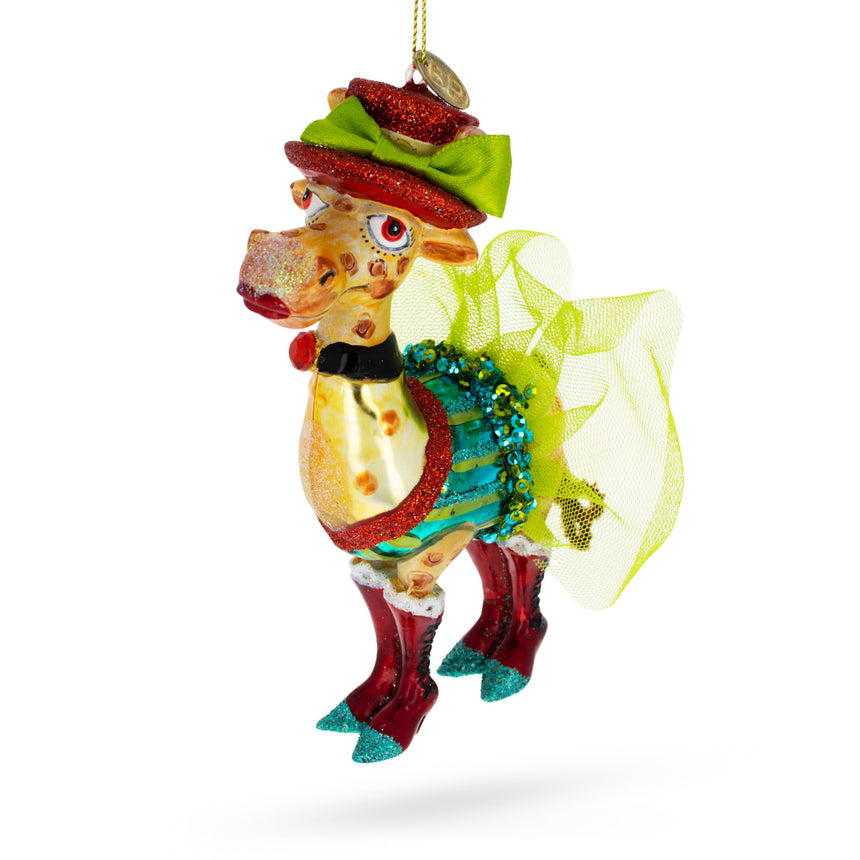 Glass Giraffe in Costume Blown Glass Christmas Ornament in Multi color