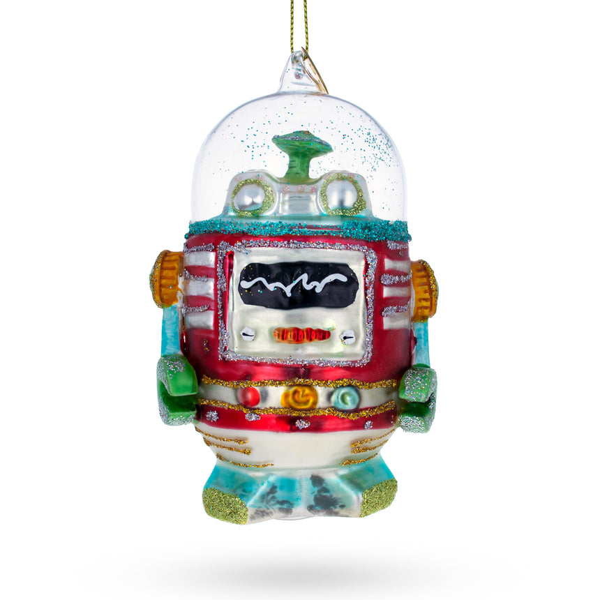 Glass Glittered Robot Blown Glass Christmas Ornament in Multi color