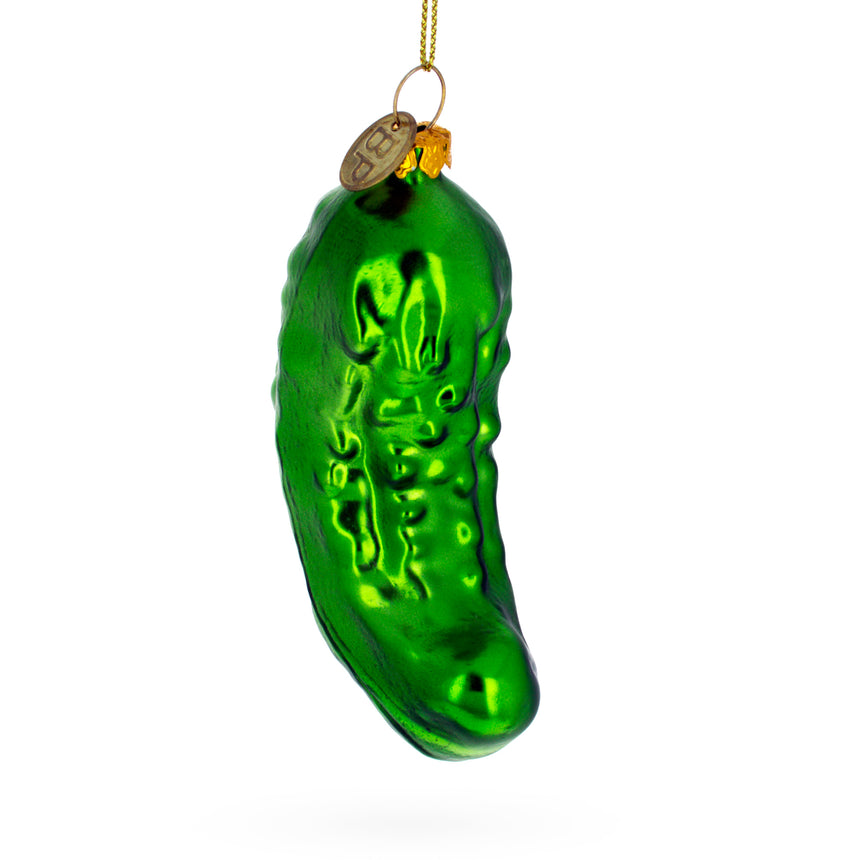 Glass Shimmering Metallic Pickle Blown Glass Christmas Ornament in Green color