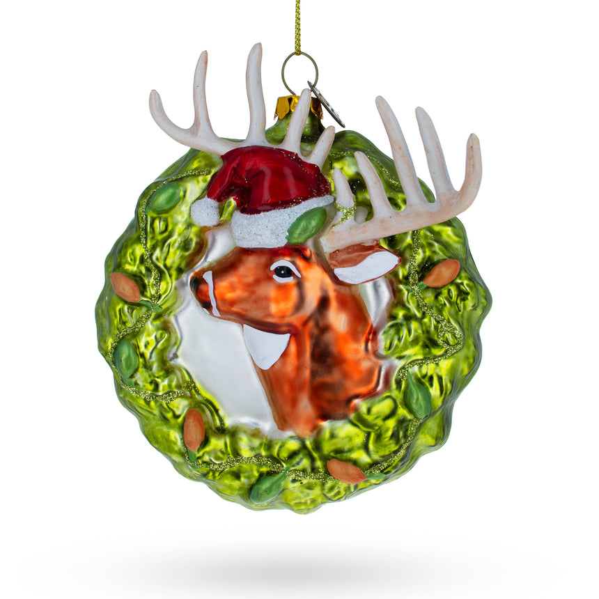 Glass Festive Reindeer Wreath Blown Glass Christmas Ornament in Multi color