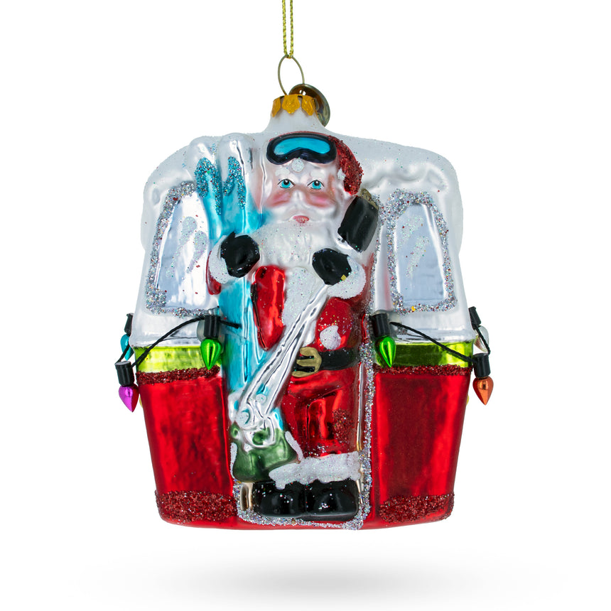 Glass Adventurous Santa on Gondola with Skis Blown Glass Christmas Ornament in Multi color