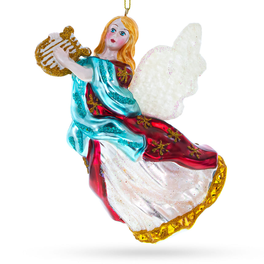 Glass Angel Playing Music on Harp Blown Glass Christmas Ornament in Multi color