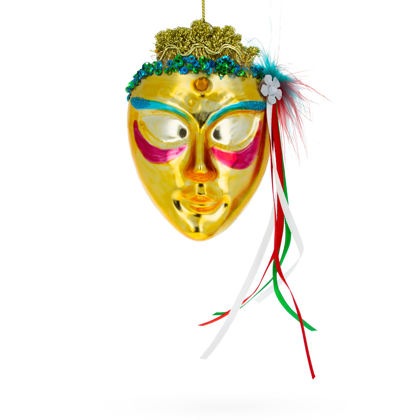 Glass Celebratory Mask Blown Glass Christmas Ornament in Yellow color