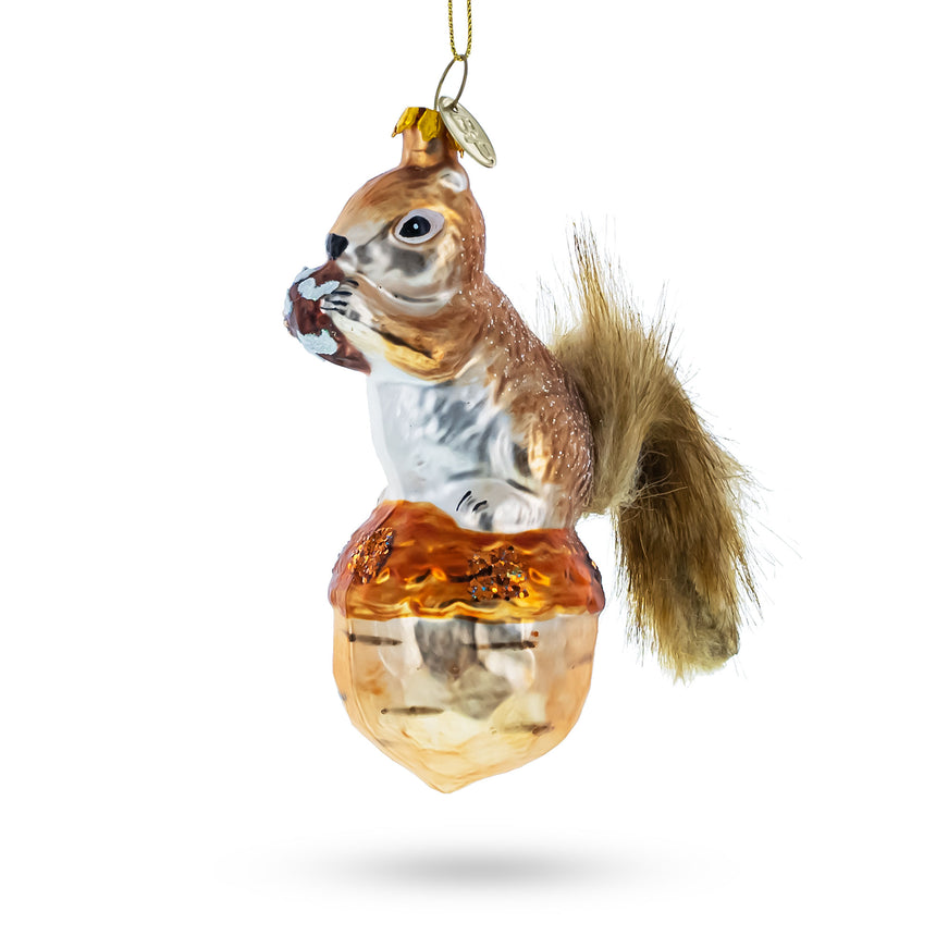 Glass Playful Squirrel on Acorn Blown Glass Christmas Ornament in Brown color