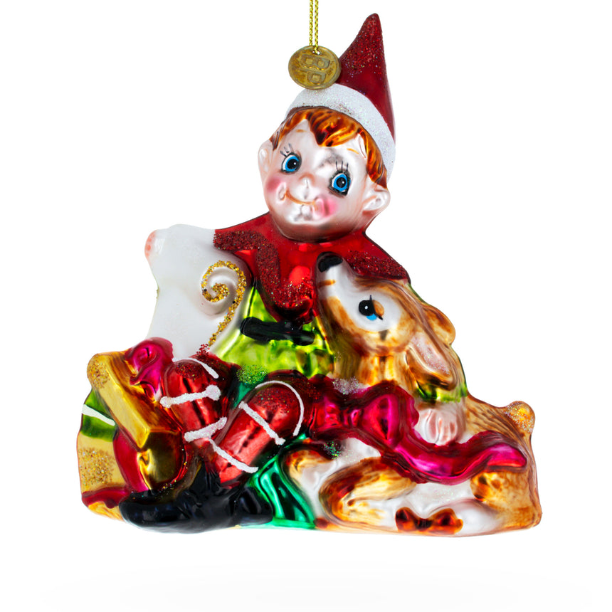 Glass Enchanted Gift Givers: Elf and Deer Glass Christmas Ornament in Multi color