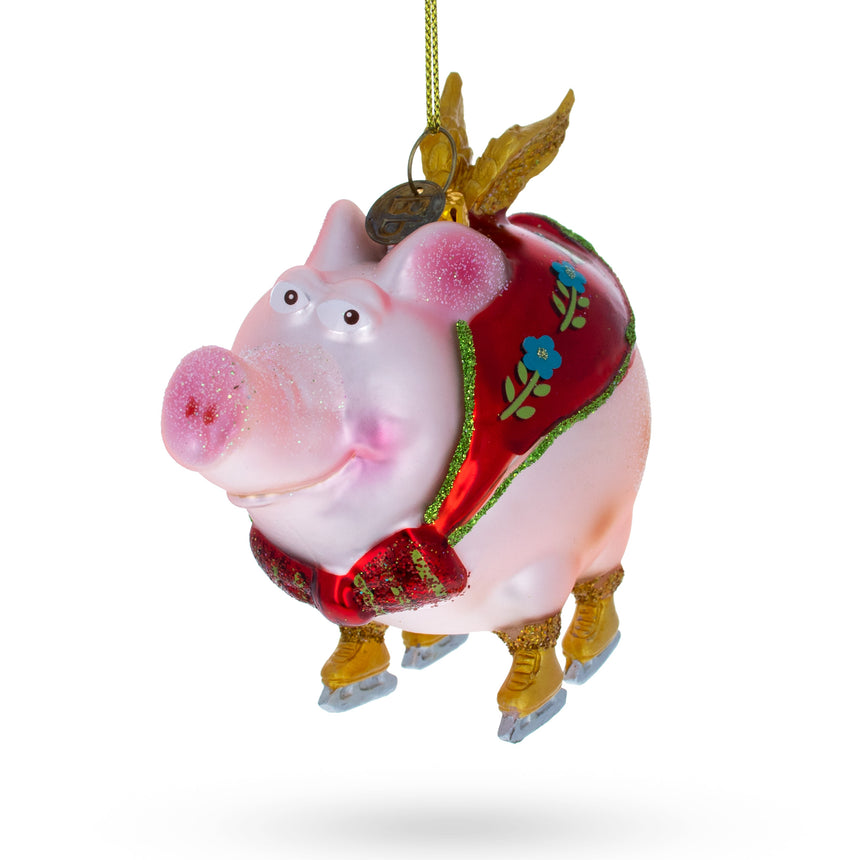 Glass Dynamic Flying Pig Superhero Blown Glass Christmas Ornament in Multi color