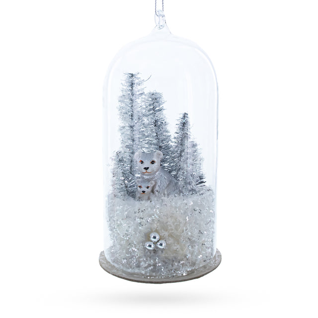 Glass Wildwood Harmony: Bear Family in the Woods Blown Glass Christmas Ornament in Silver color