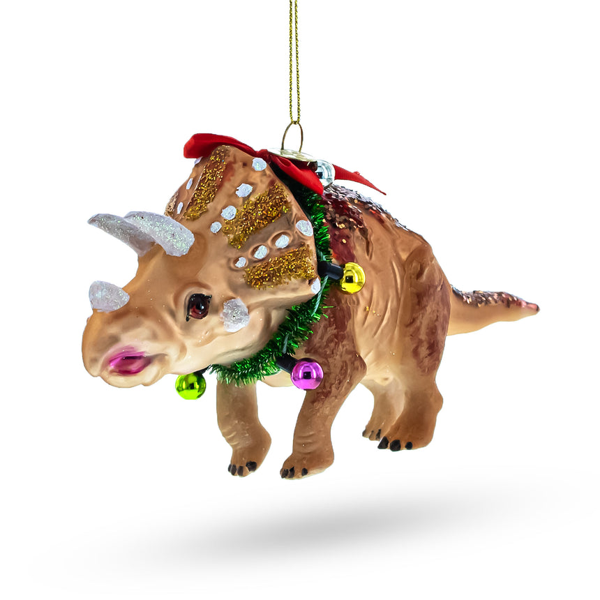 Glass Prehistoric Dinosaur in Wreath Glass Christmas Ornament in Brown color