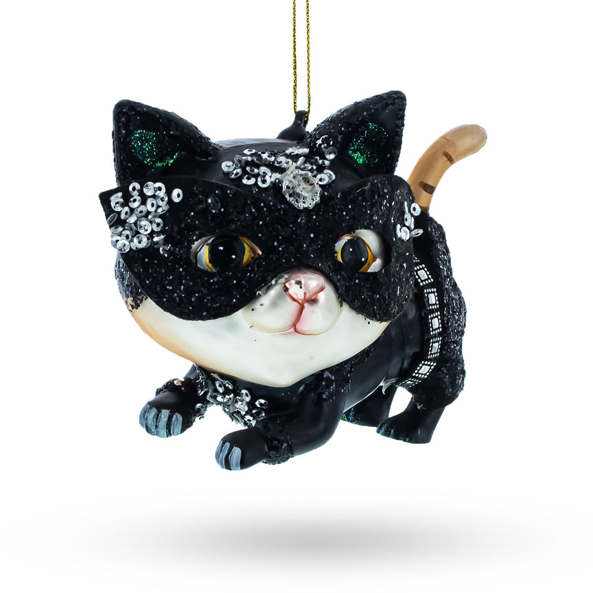 Glass Mysterious Cat in Mask Blown Glass Christmas Ornament in Black color