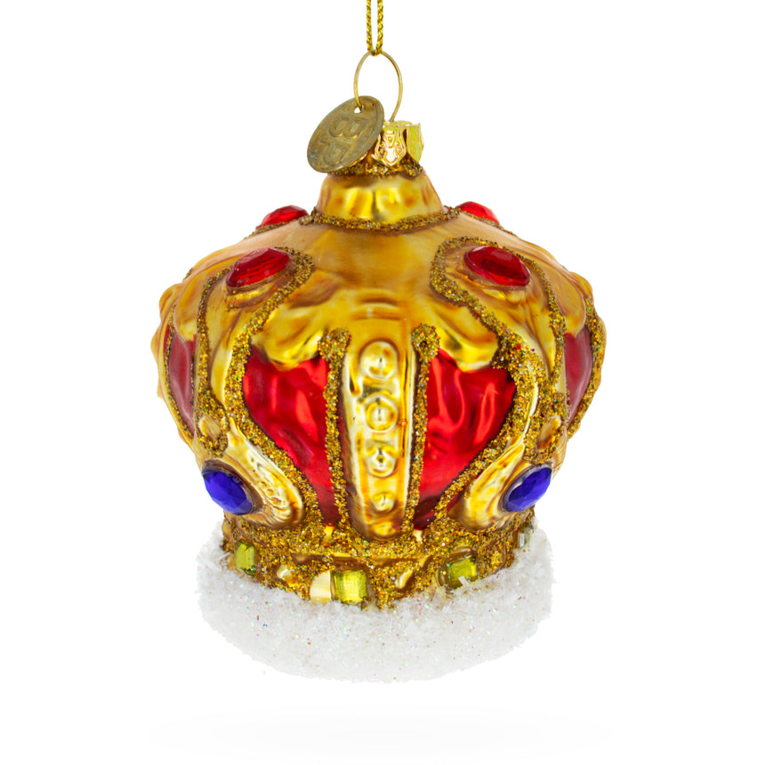 Glass Royal Radiance: Jeweled Crown Blown Glass Christmas Ornament in Gold color