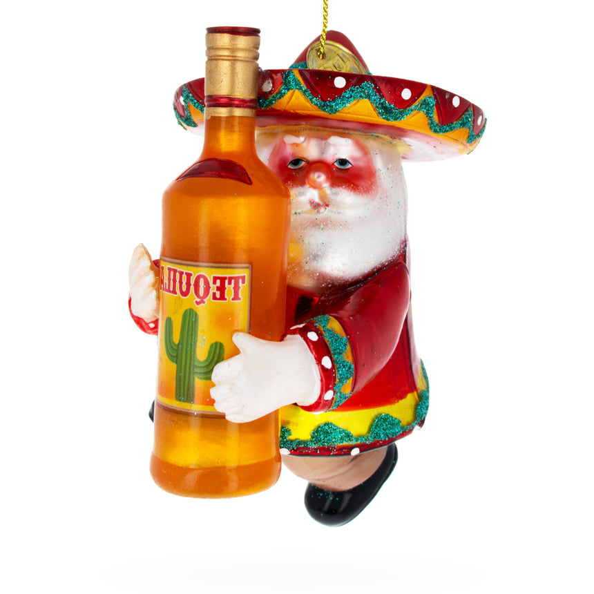 Glass Santa Clutching Tequila Bottle Glass Christmas Ornament in Multi color