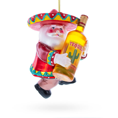 Glass Santa Clutching Tequila Bottle Glass Christmas Ornament in Multi color