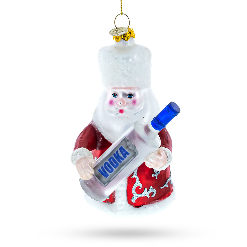 Glass Jolly Santa with Vodka Bottle Blown Glass Christmas Ornament in Multi color