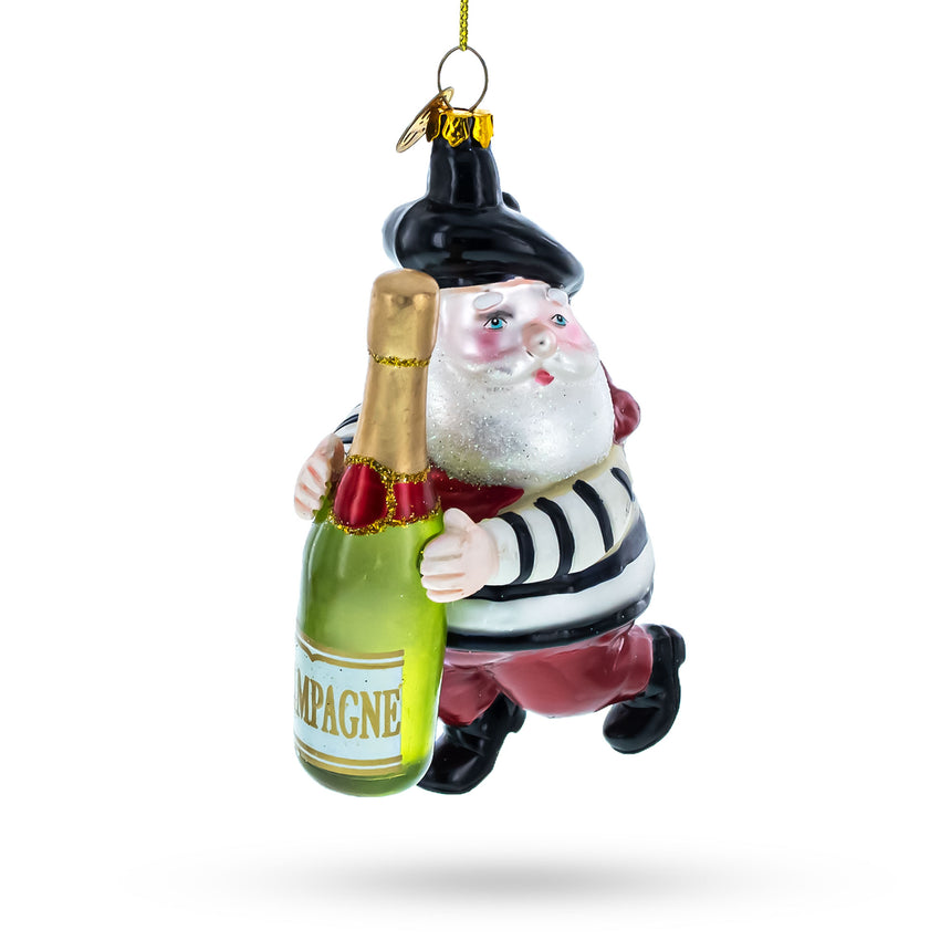 Glass French Santa with Champagne Blown Glass Christmas Ornament in Multi color