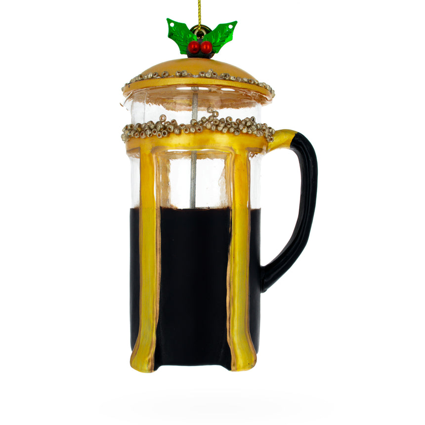 Glass French Press Coffee Maker Blown Glass Christmas Ornament in Multi color