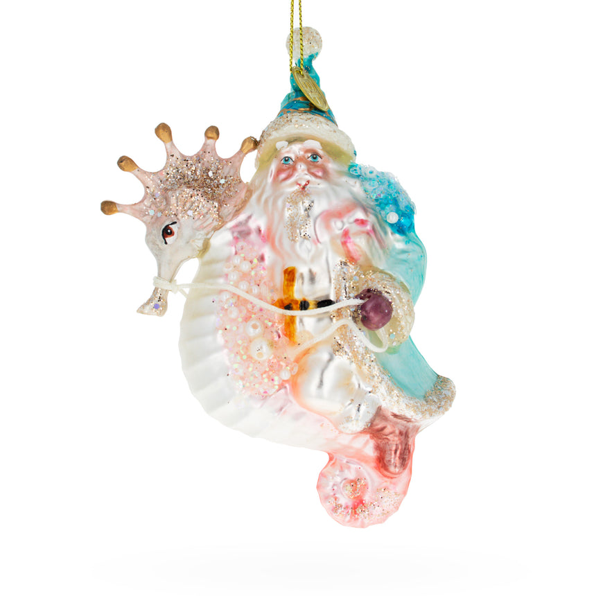 Glass Nautical Santa Riding Seahorse Blown Glass Christmas Ornament in Multi color