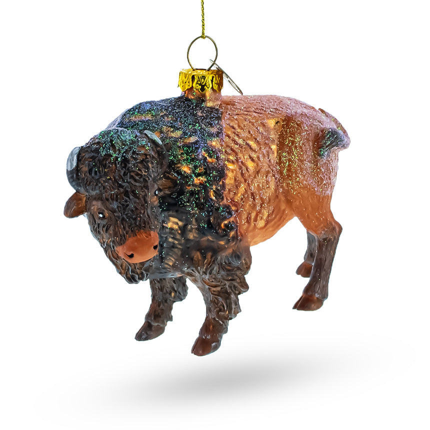 Glass Majestic Walking Bison Blown Glass Christmas Ornament in Brown color