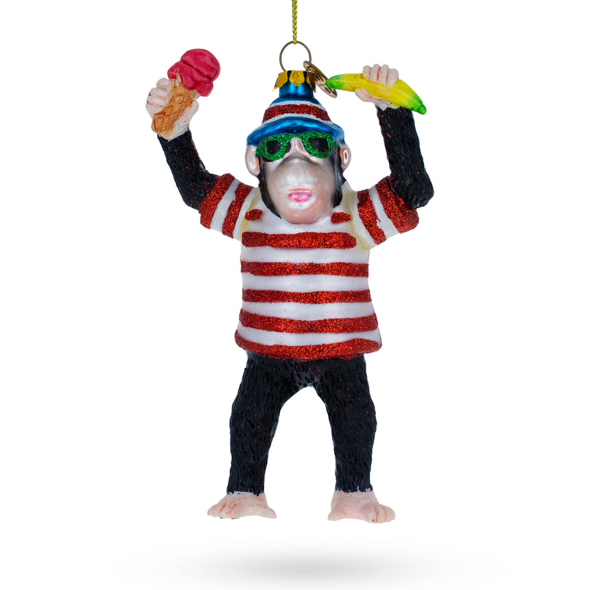 Glass Monkey with Banana and Ice Cream Glass Christmas Ornament in Multi color