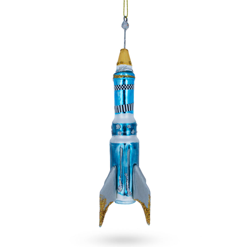 Glass Cosmic Adventure: Blue Rocket Blown Glass Christmas Ornament in Blue color