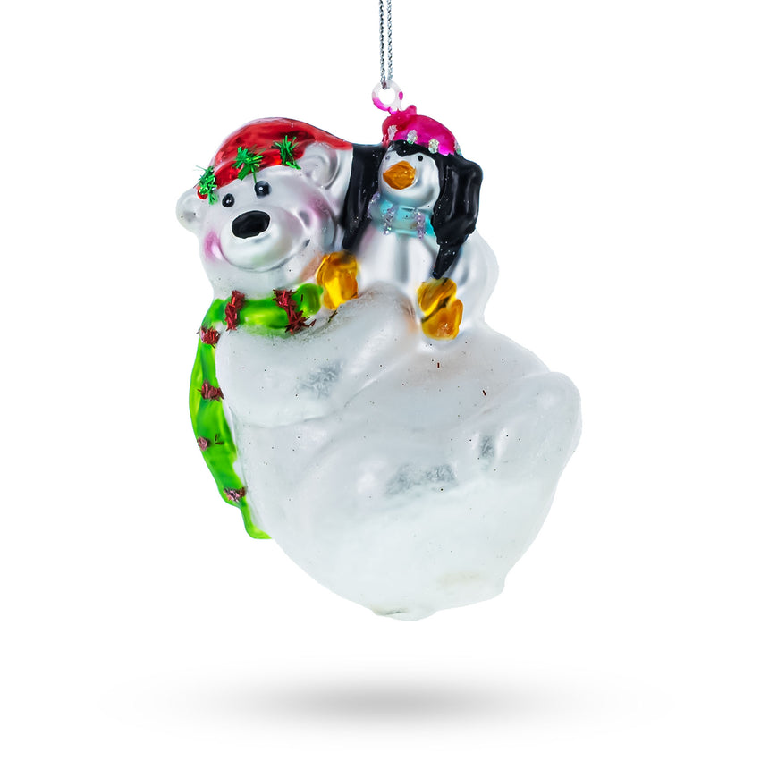 Glass Polar Bear with Penguin Glass Christmas Ornament in Blue color