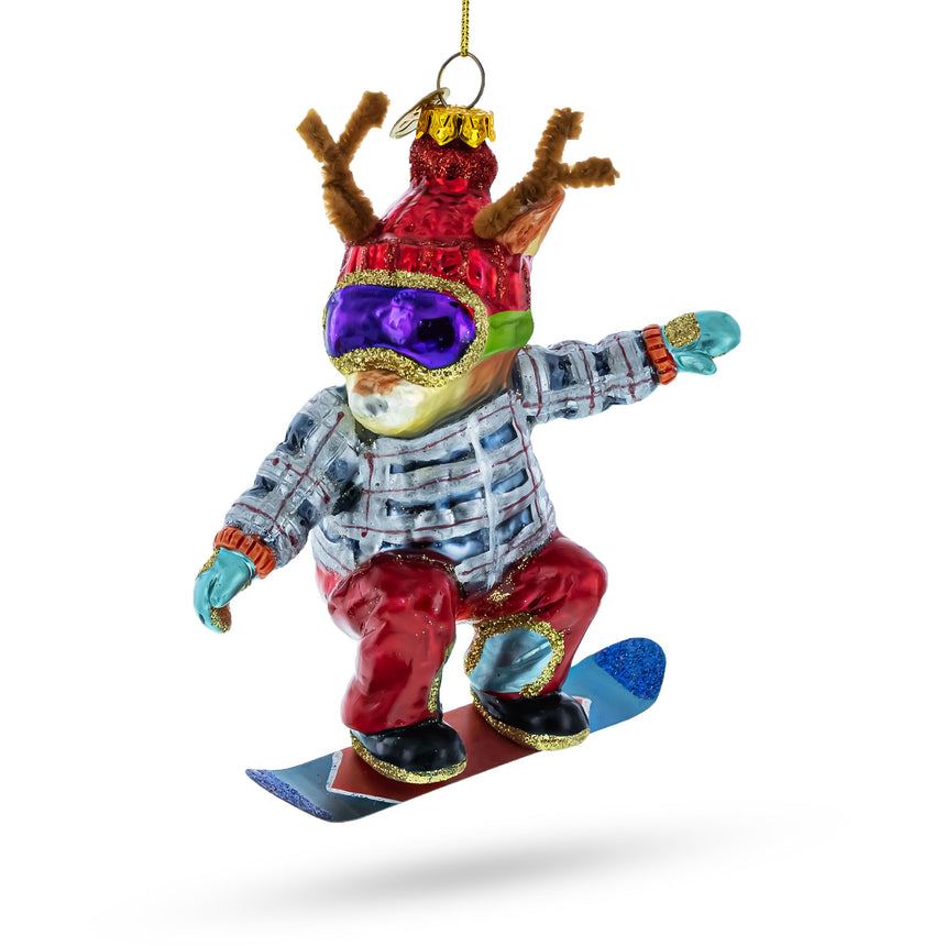 Glass Adventurous Moose on Snowboard Glass Christmas Ornament in Multi color