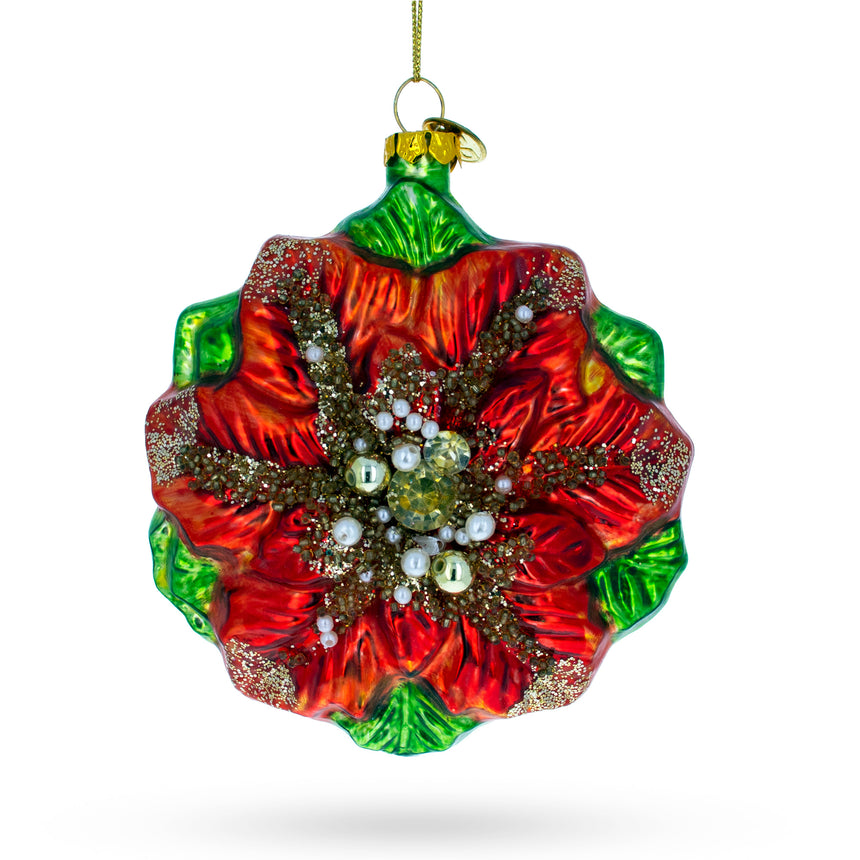 Glass Elegant Poinsettia with Mother of Pearls Blown Glass Christmas Ornament in Multi color