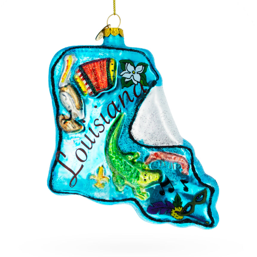 Glass Bayou Beauty: Louisiana State Blown Glass Christmas Ornament in Blue color