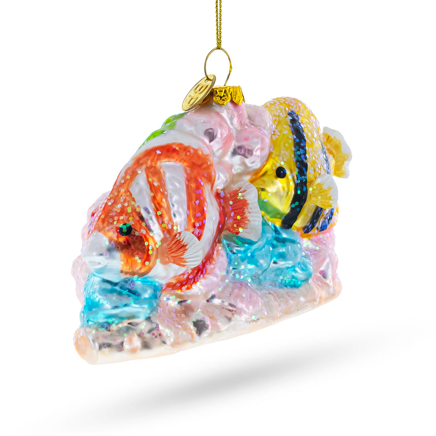 Glass Vibrant Coral Reef Fishes Blown Glass Christmas Ornament in Multi color