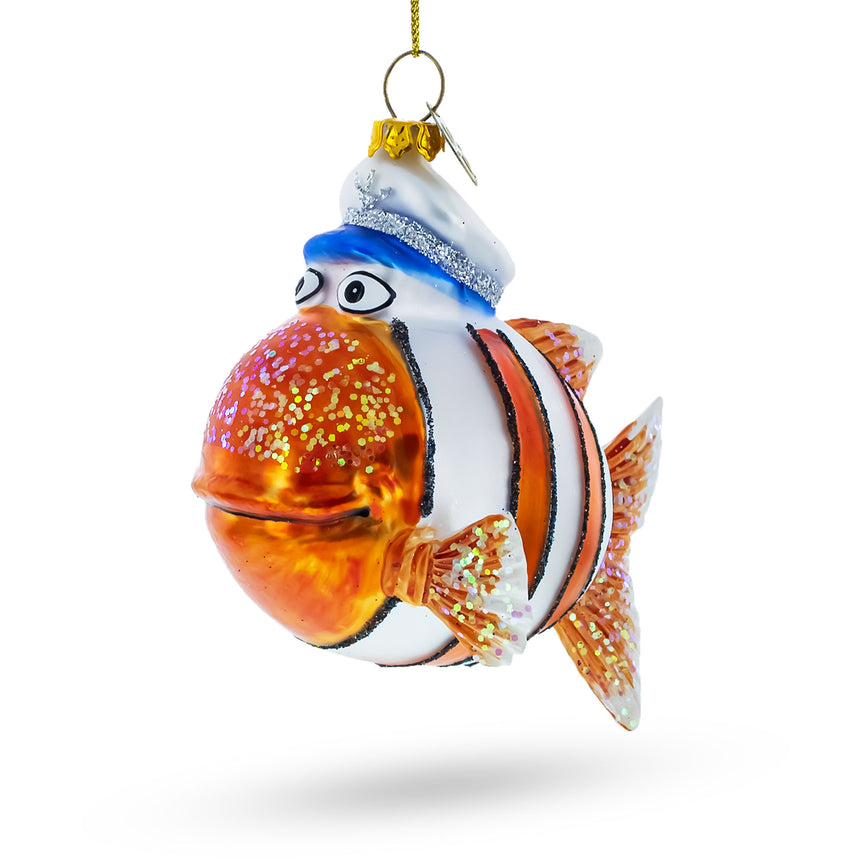 Glass Nautical Captain Fish Blown Glass Christmas Ornament in Orange color